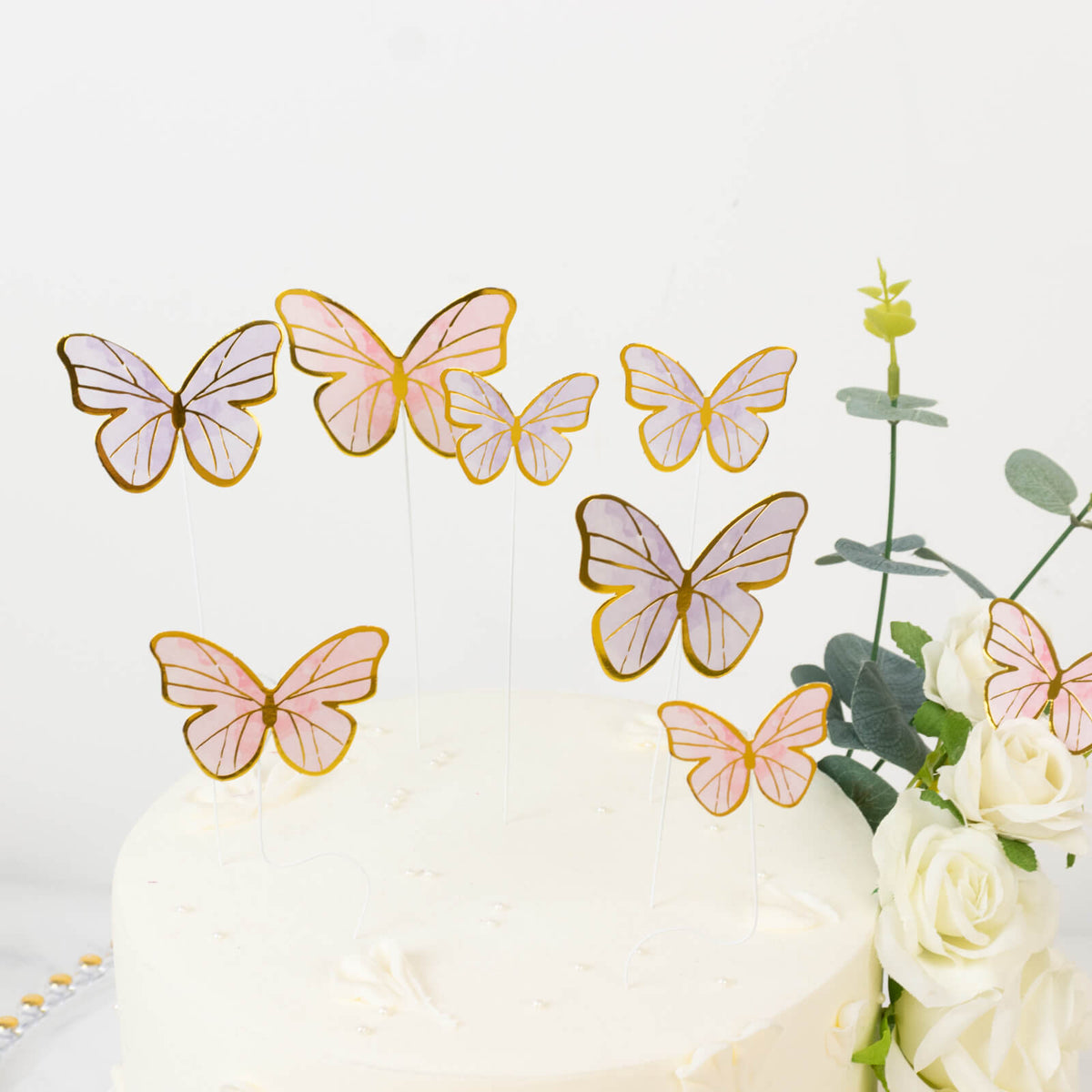 64 Pcs 3D Butterfly Cupcake Toppers with Gold Trim – Elegant Cake Decorations in Pink & Purple for Parties, Anniversaries, and Events – Assorted Sizes