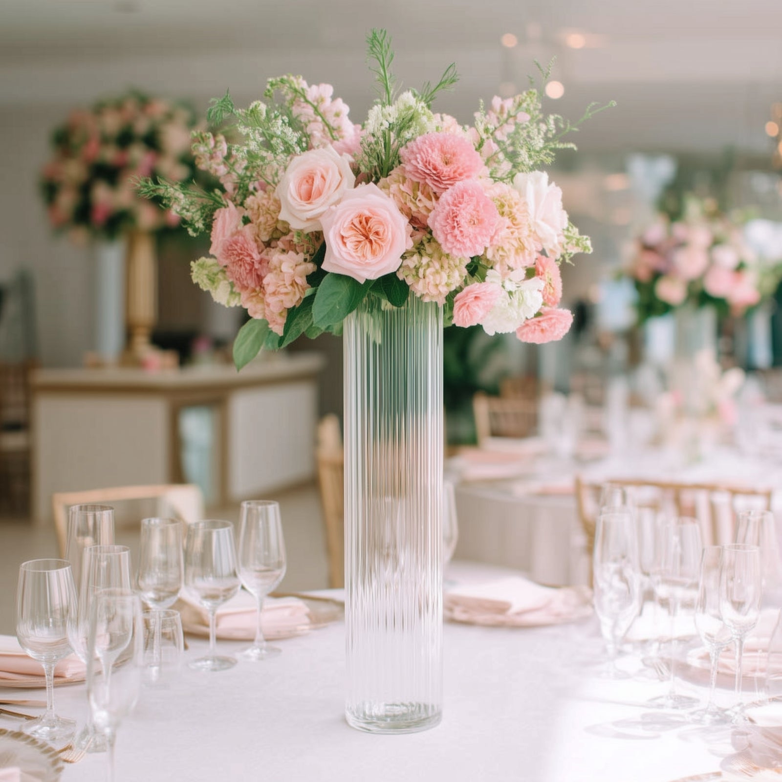 20" Ribbed Cylinder Glass Vases 6-Pack – Tall Clear Vases for Pampas Grass, Fresh Flowers & Elegant Event Decor