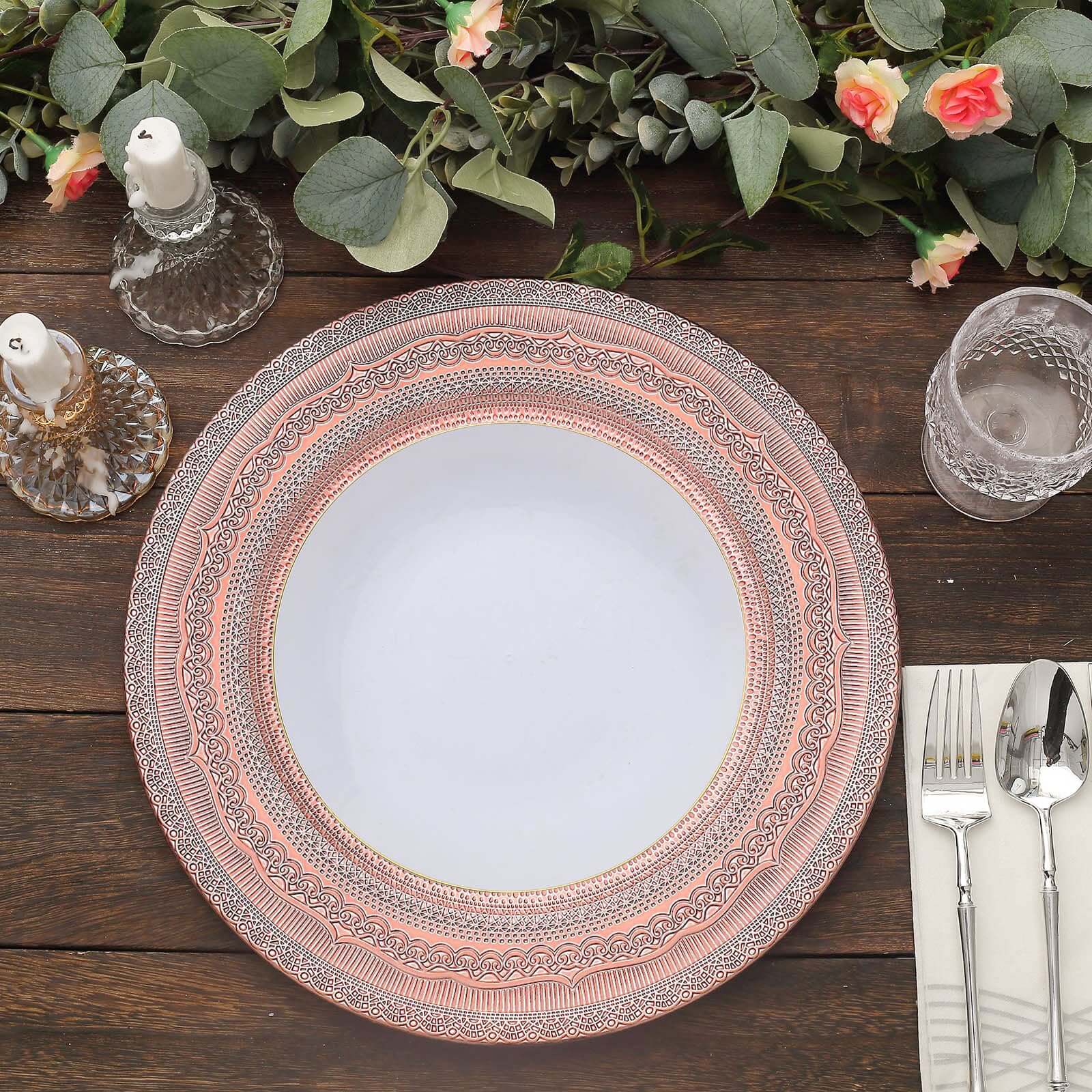 6-Pack Acrylic Round Charger Plates 13" in Rose Gold with Lace Embossed Rim, Rustic Plastic Decorative Charger Tableware