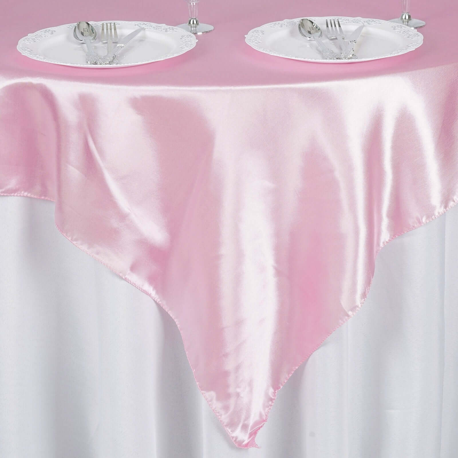 Satin 60"x60" Table Overlay Square Tablecloth Pink - Smooth Silky Touch Table Cover