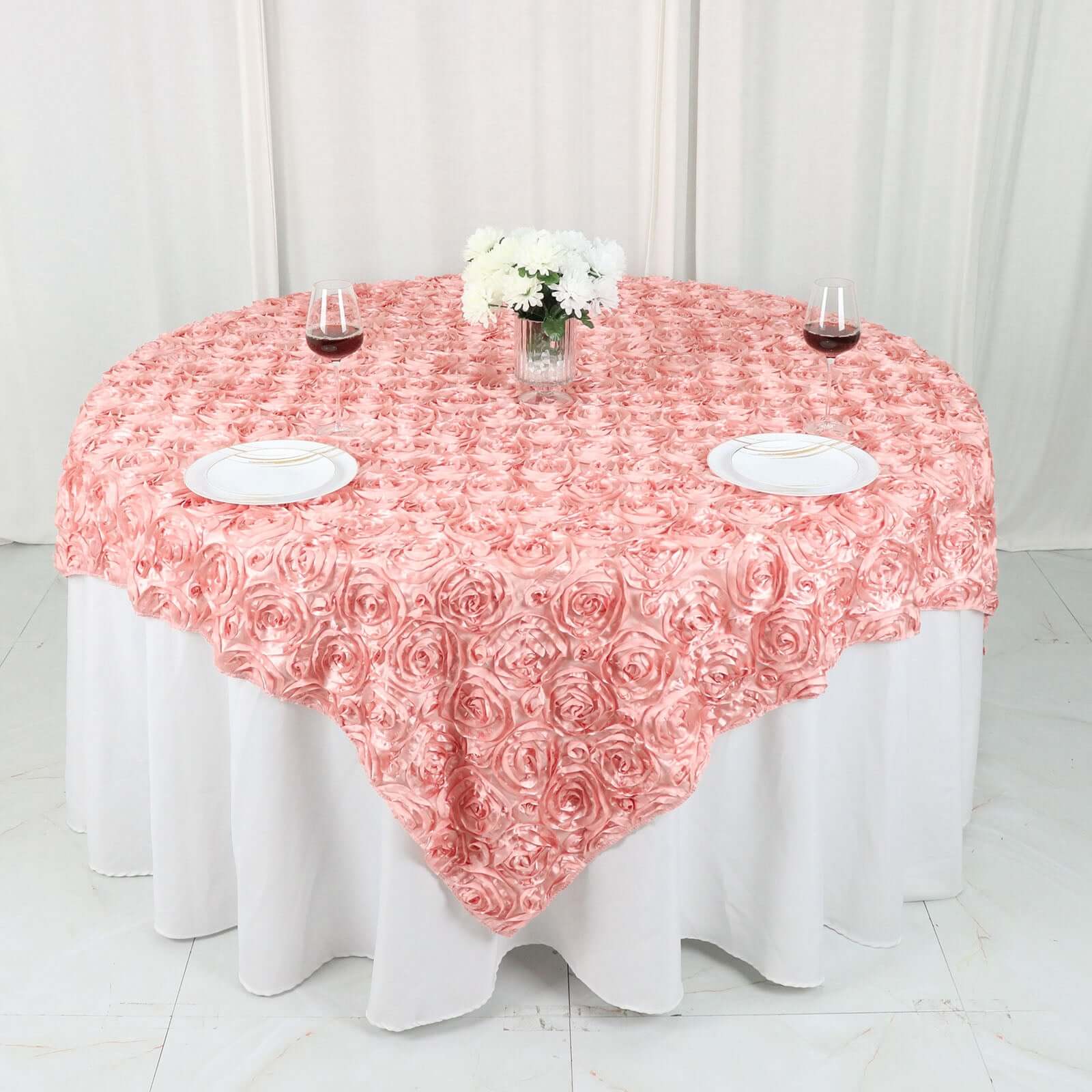 Satin 72"x72" Table Overlay Square Tablecloth Dust Rose - 3D Rosette Table Cover