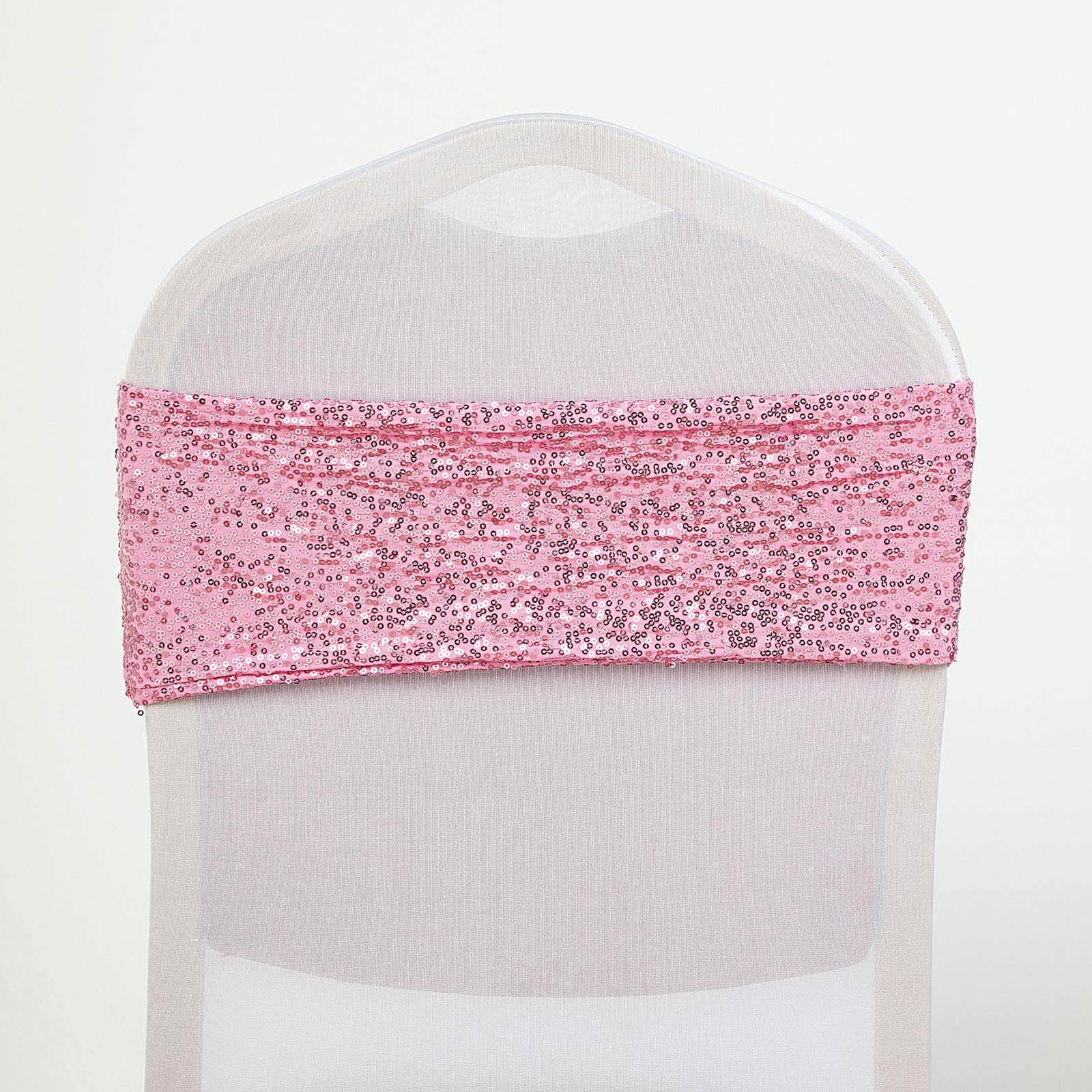 5 Pack Sequin Spandex Chair Sashes Pink - Stretch Chair Bands 6"x15"