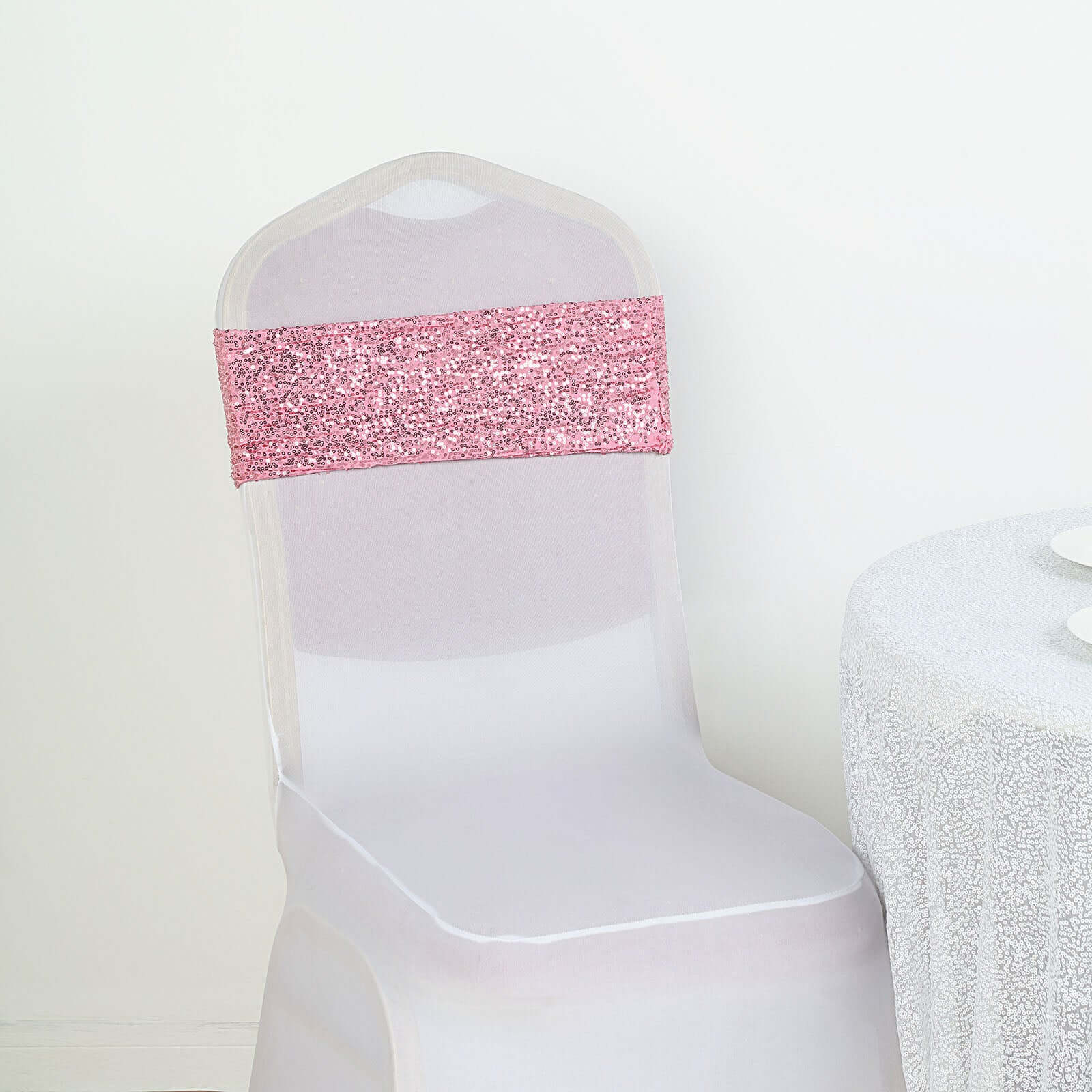 5 Pack Sequin Spandex Chair Sashes Pink - Stretch Chair Bands 6"x15"