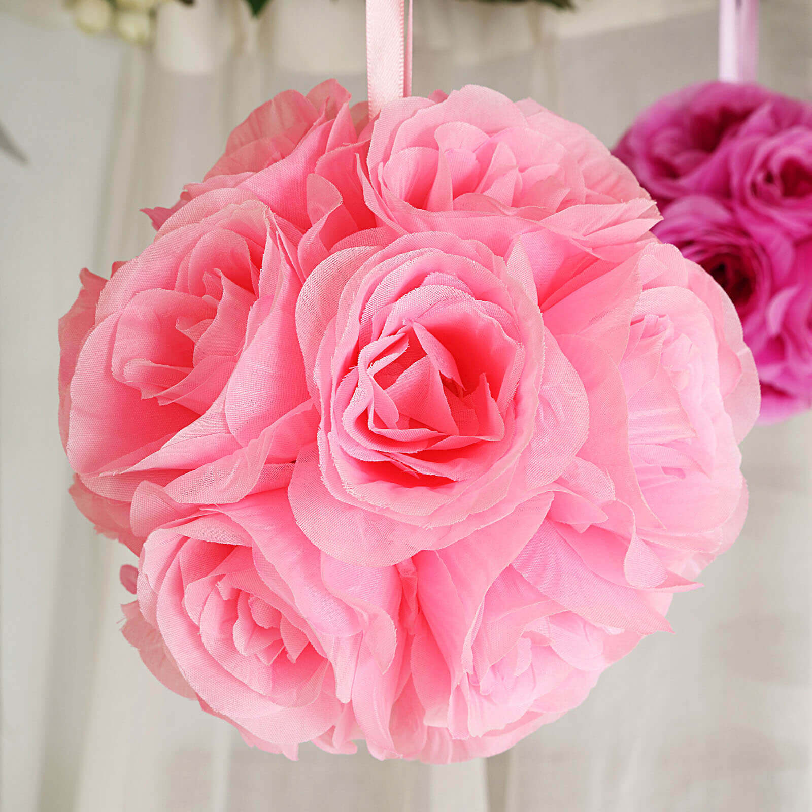 2 Pack 7" Pink Artificial Silk Rose Kissing Ball, Faux Flower Ball