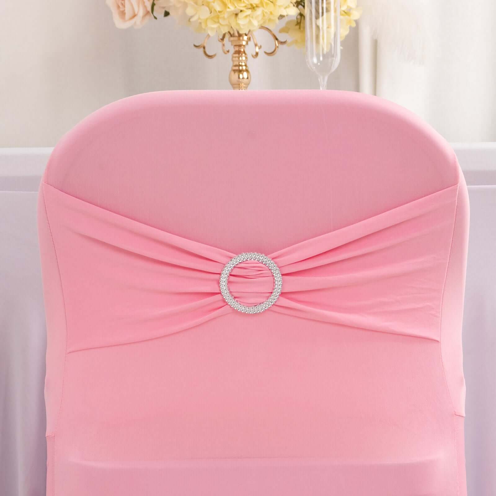 Stretch Spandex Chair Cover Pink for Folding Chairs - Secure Fit Slipcover with Silver Rhinestone Buckled Sash Band