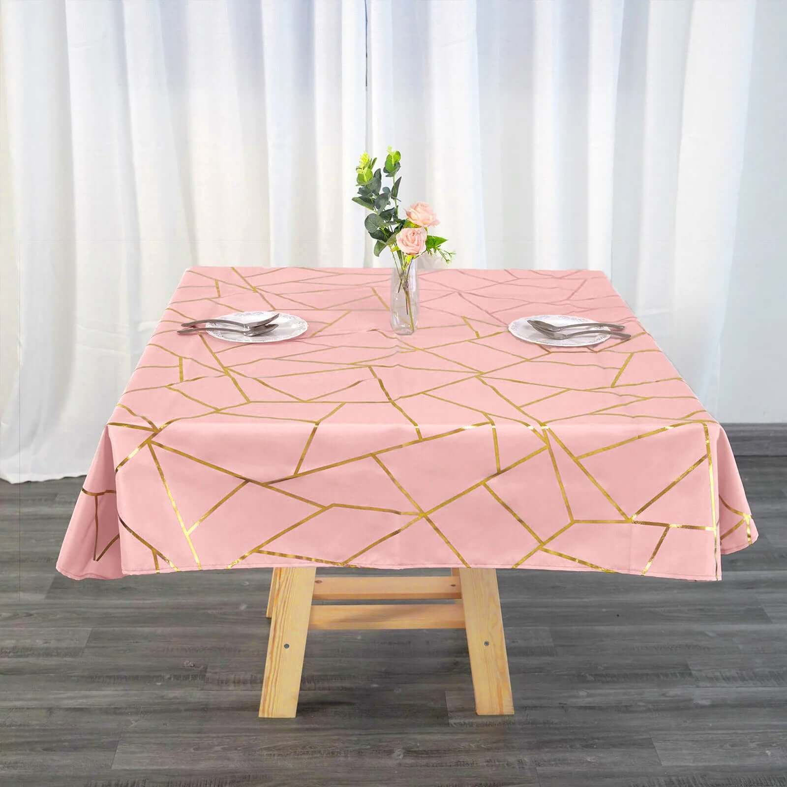 Polyester 54"x54" Square Tablecloth Dusty Rose with Gold Foil Geometric Pattern - Wrinkle-Resistant & Durable Table Cover