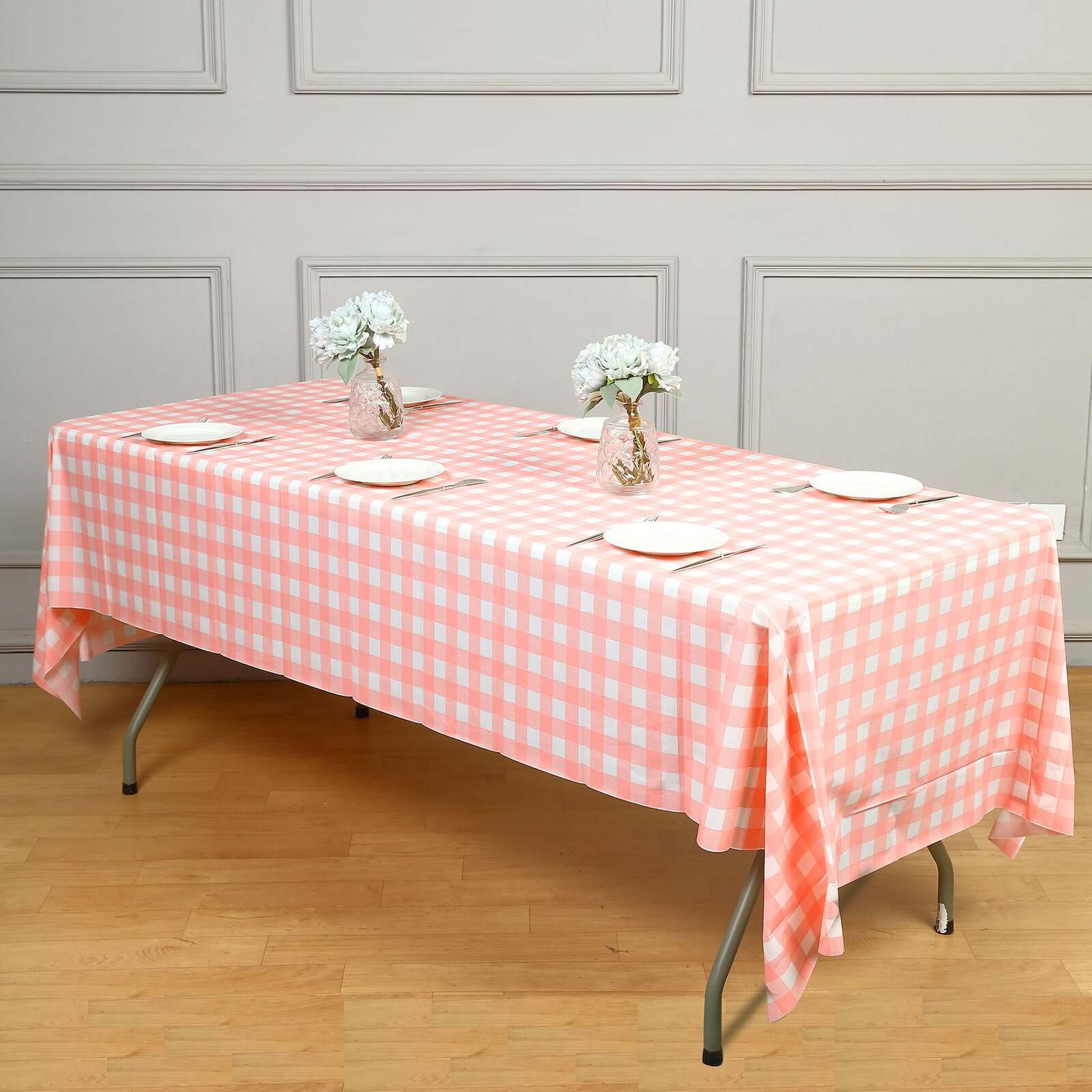 5-Pack Plastic Table Covers Pink Checkered Rectangle - Durable PVC Disposable Covers for Events 54"x108"