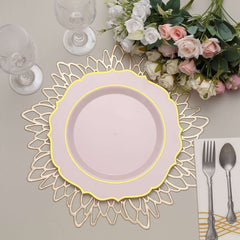 10-Pack Plastic 10" Round Dinner Plates in Blush with Gold Scalloped Rim - Disposable Party Plates