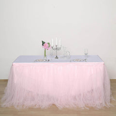 Tulle 14ft Table Skirt Blush - 4 Layer Pleated Tutu Table Cover