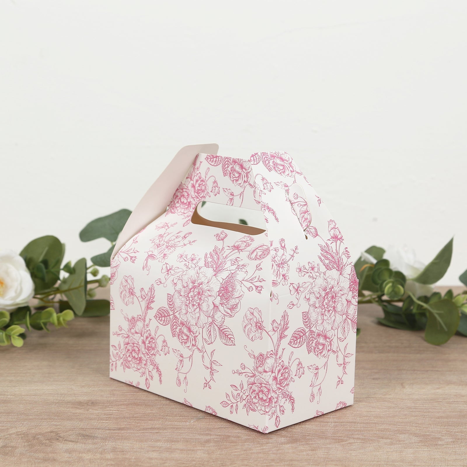 25 Pack Candy Treat Tote Boxes in French Toile Pattern - Matte Pink and White Party Favor Gable Boxes, Cardstock Paper - 6"x3.5"x7"