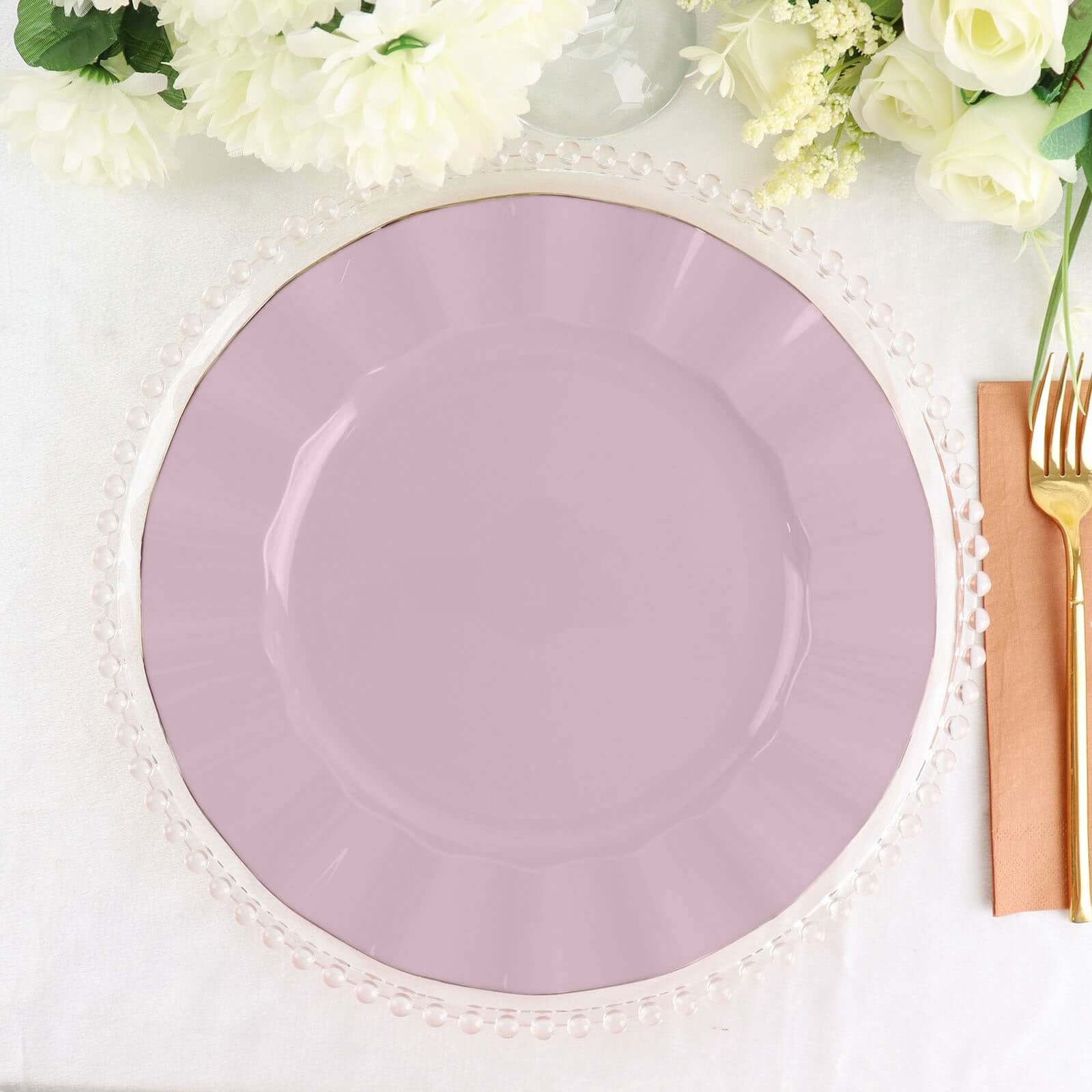 10-Pack Plastic 11" Round Dinner Plates in Lavender Lilac Ruffled Rim with Gold Edging - Sturdy Disposable Dinnerware