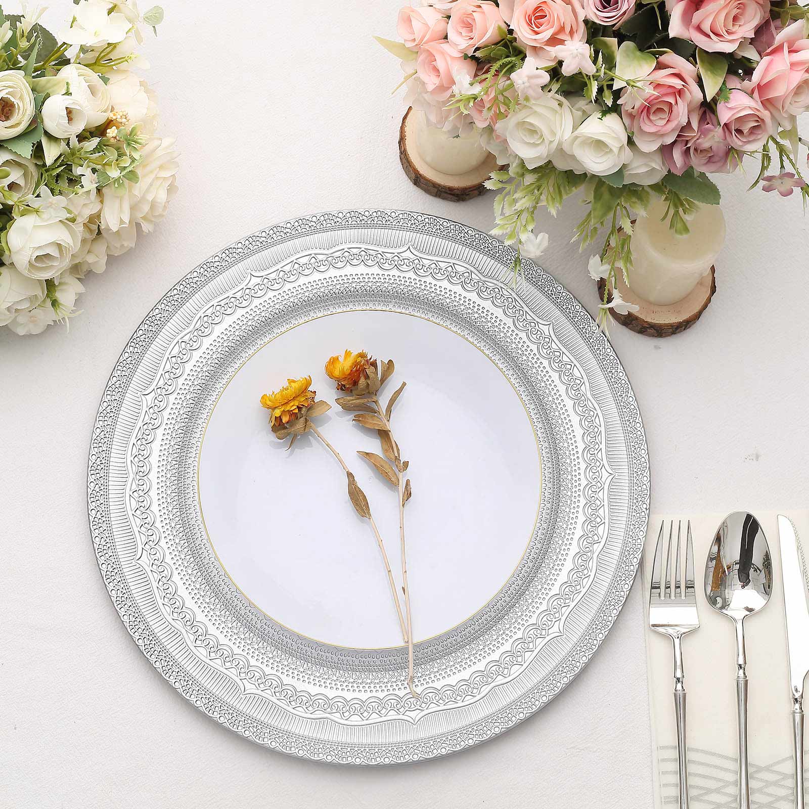 6-Pack Acrylic Round Charger Plates 13" in Silver with Lace Embossed Rim, Rustic Plastic Decorative Charger Tableware