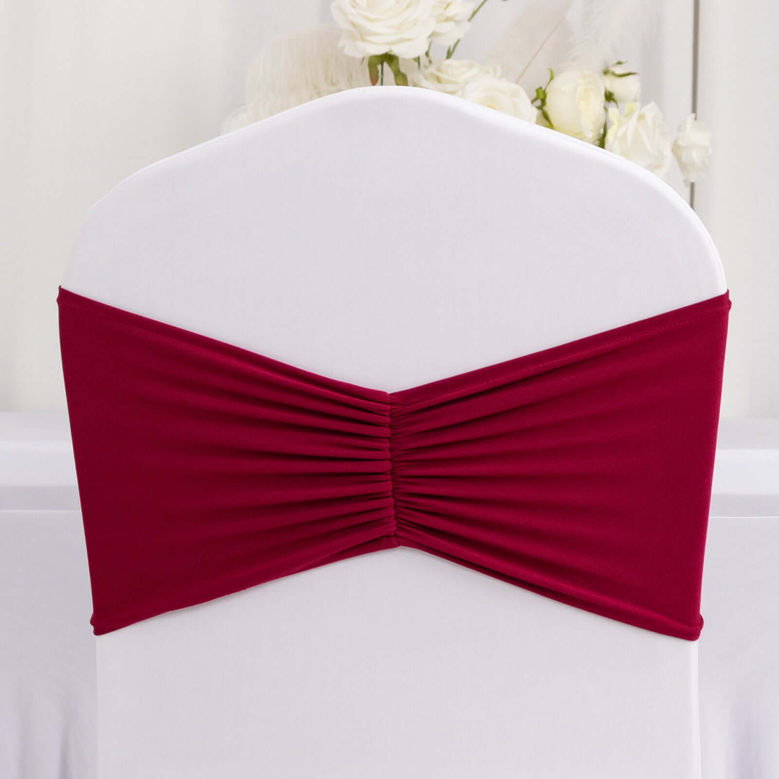 5 Pack Spandex Chair Sashes Burgundy Ruffled Style - Wide Easy to Use Stretch Chair Bands 8"x13"