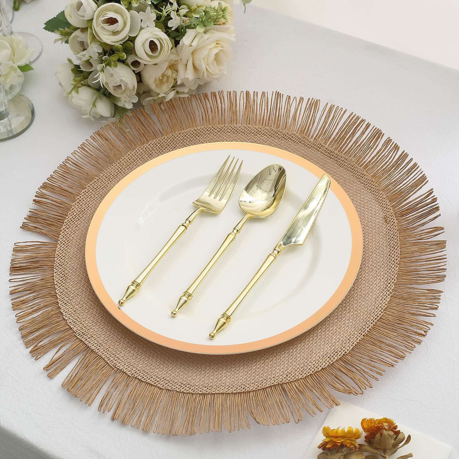 4-Pack Placemats Fringe Edge Design Natural Jute Round - Rustic Boho Chic Burlap Table Decor 16"