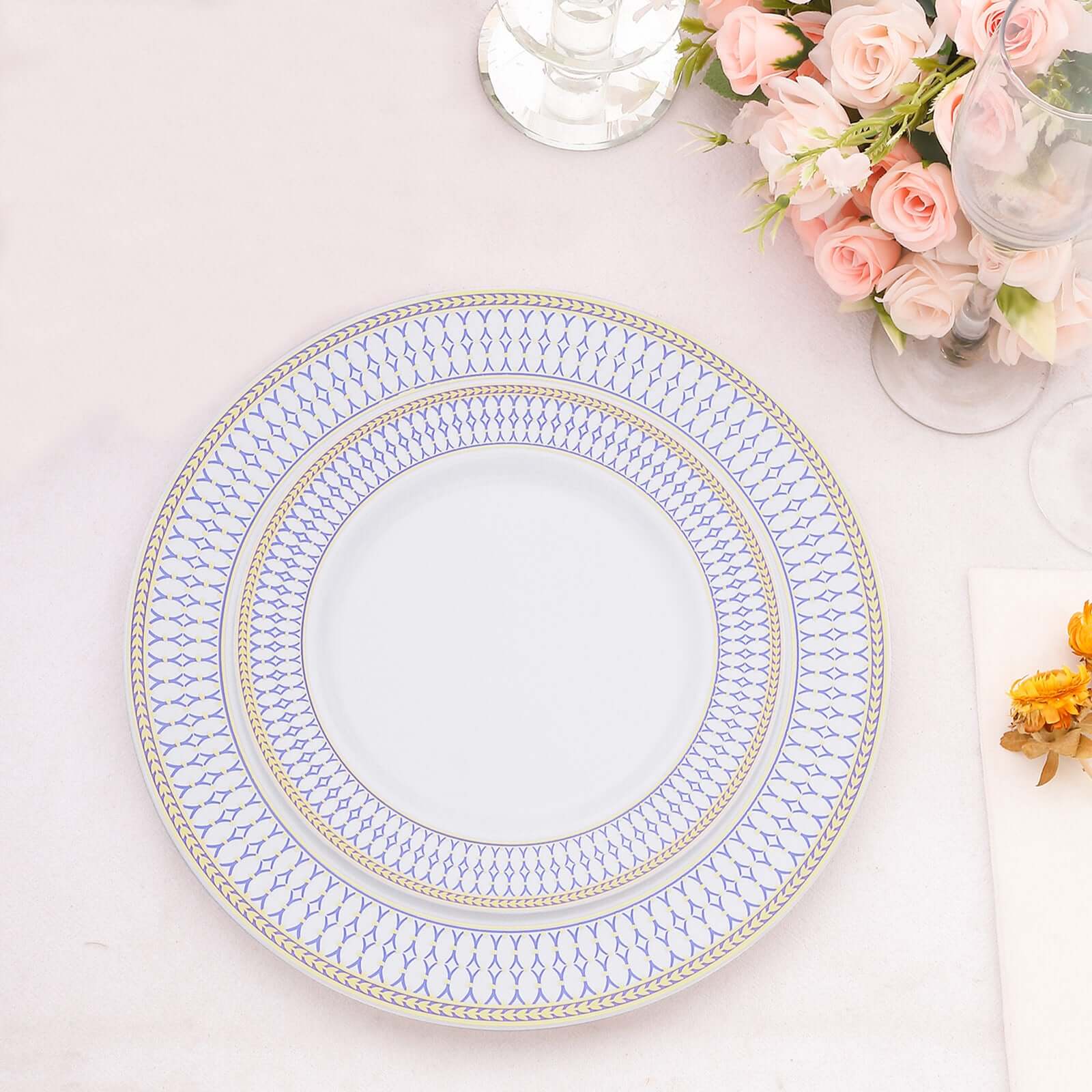 10-Pack Plastic 7" Round Dessert Plates in White with Gold Navy Blue Chord Rim - Renaissance Style Disposable Salad Appetizer Plates for Events & Banquets