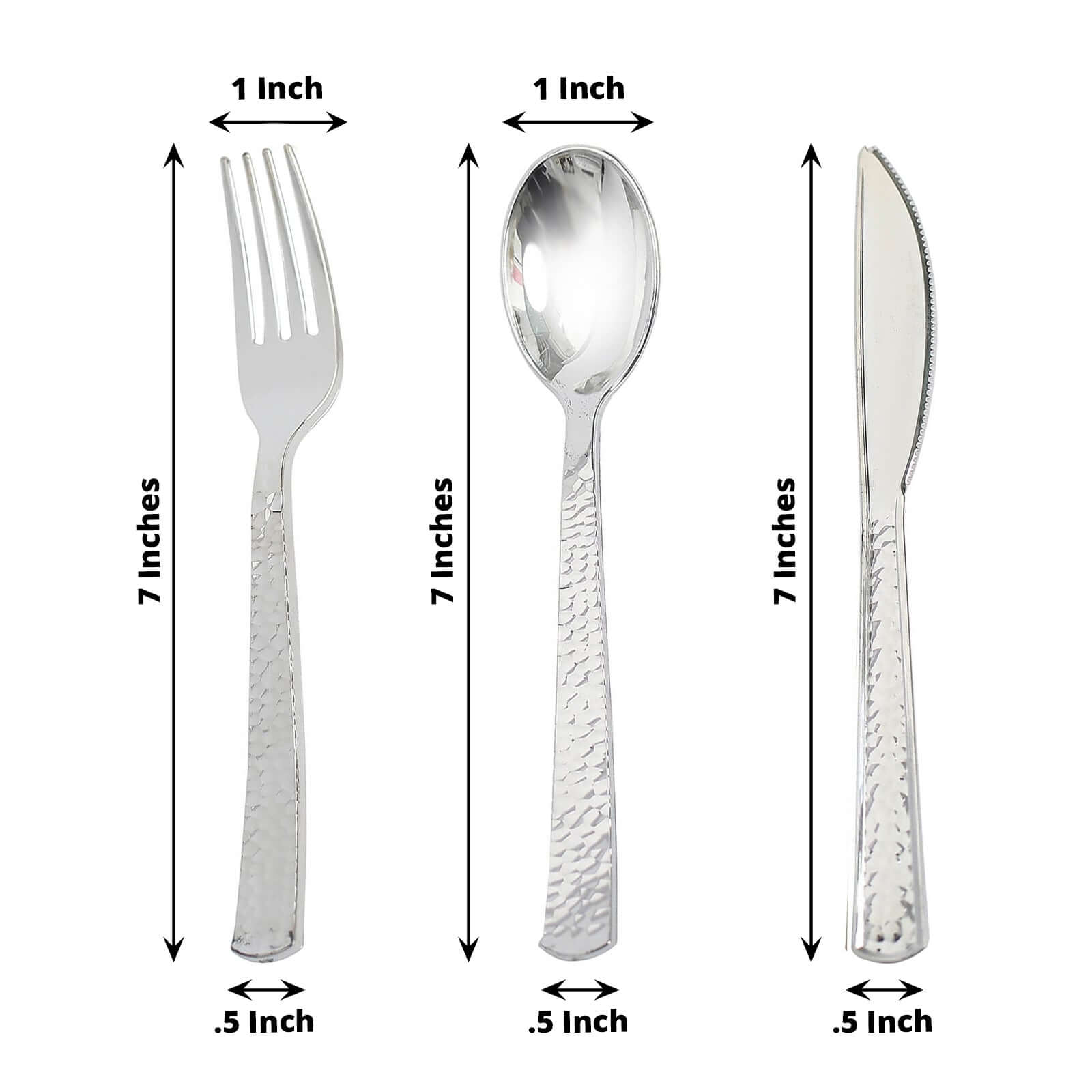 24-Pack Plastic Silverware Set with Hammered Design Silver - Heavy Duty Disposable Utensils 7"
