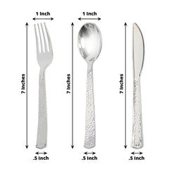 24-Pack Plastic Silverware Set with Hammered Design Silver - Heavy Duty Disposable Utensils 7"