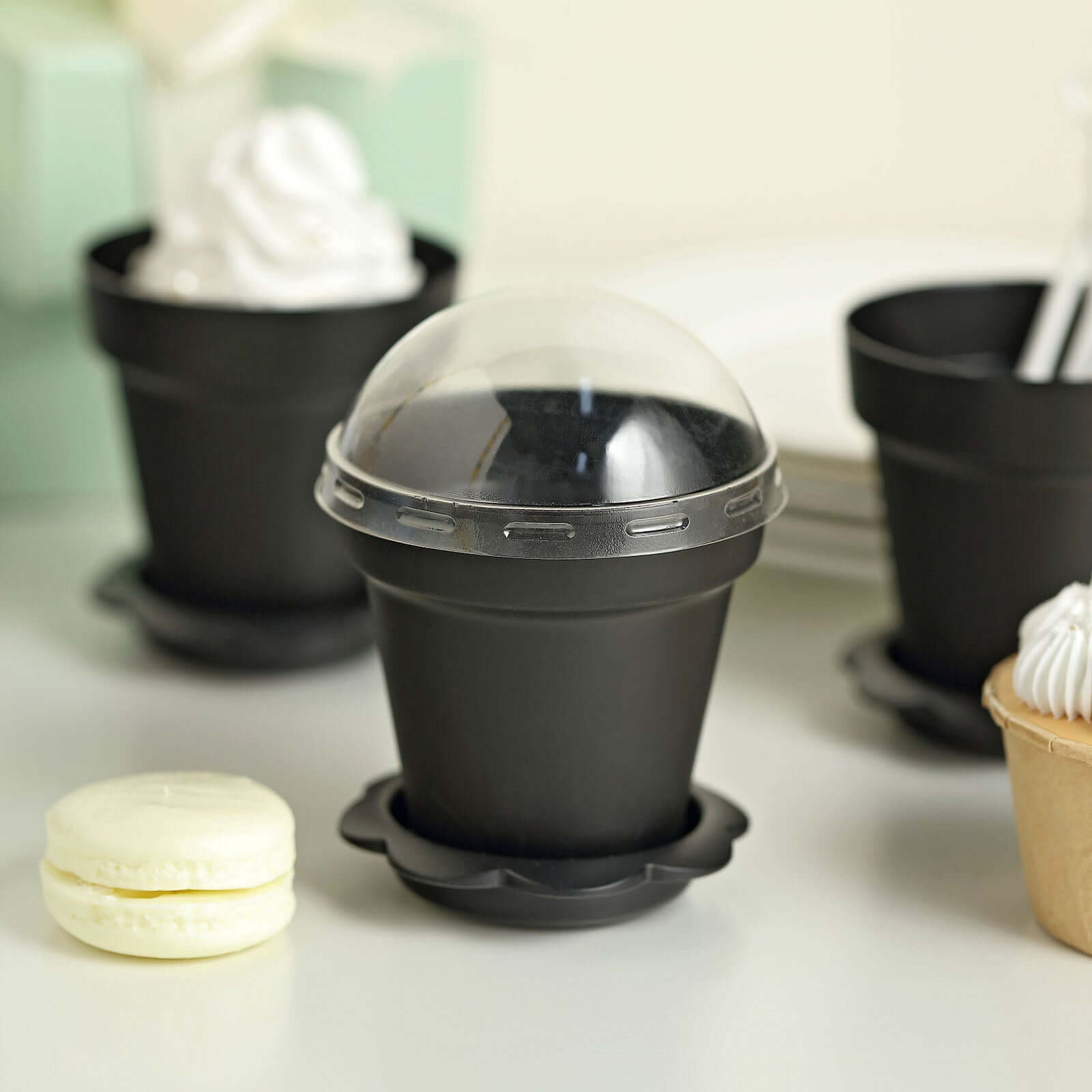 12-Pack Dessert Cups Succulent Planter Design Black - Plastic Serving Cups with Lids and Shovels 4"