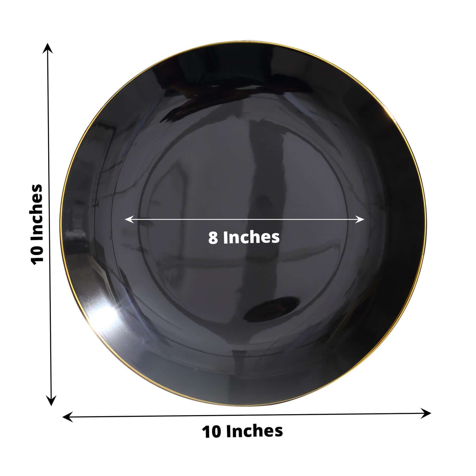 10-Pack Plastic 10" Round Dinner Plates in Black with Gold Rim - Glossy Disposable Party Plates