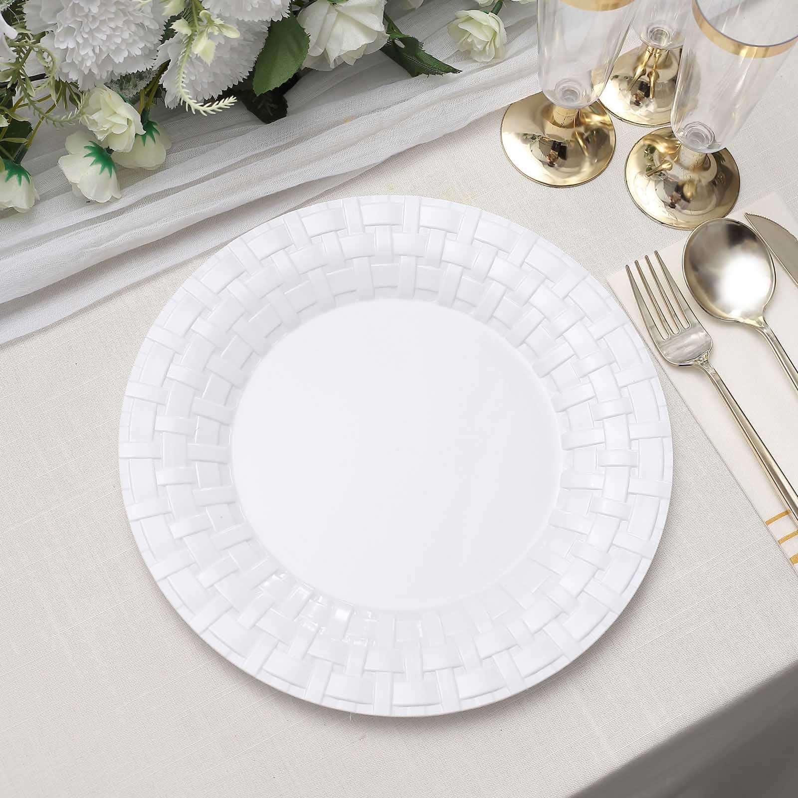 10-Pack Plastic Dinner Plates White Basketweave Rim - Durable Disposable Dinner Plates 10"