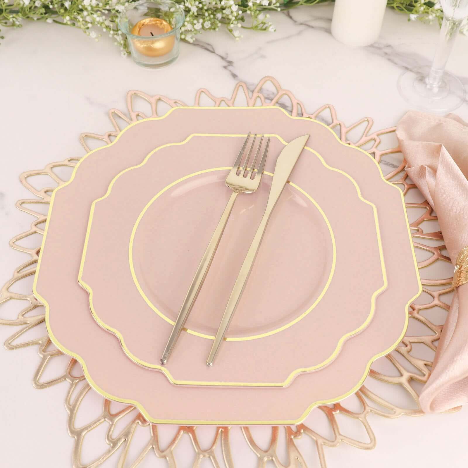 10-Pack Plastic Dinner Plates in Blush Baroque Design with Scalloped Gold Rim - Heavy Duty Disposable Party Plates 11"