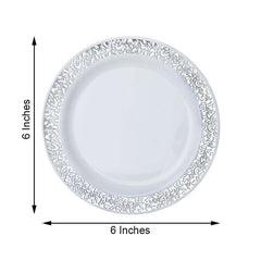 10-Pack Dessert Plates Lace Rim Design White with Silver - Plastic Disposable Appetizer Plates for Events 6"