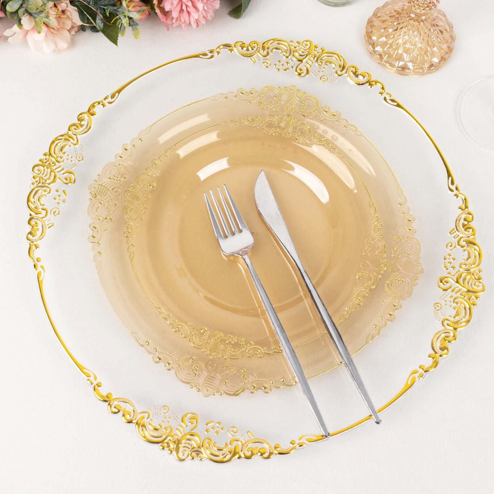 10-Pack Plastic 10" Round Dinner Plates in Transparent Amber Gold with Gold Leaf Embossed Rim - Disposable Vintage Baroque Style Plates