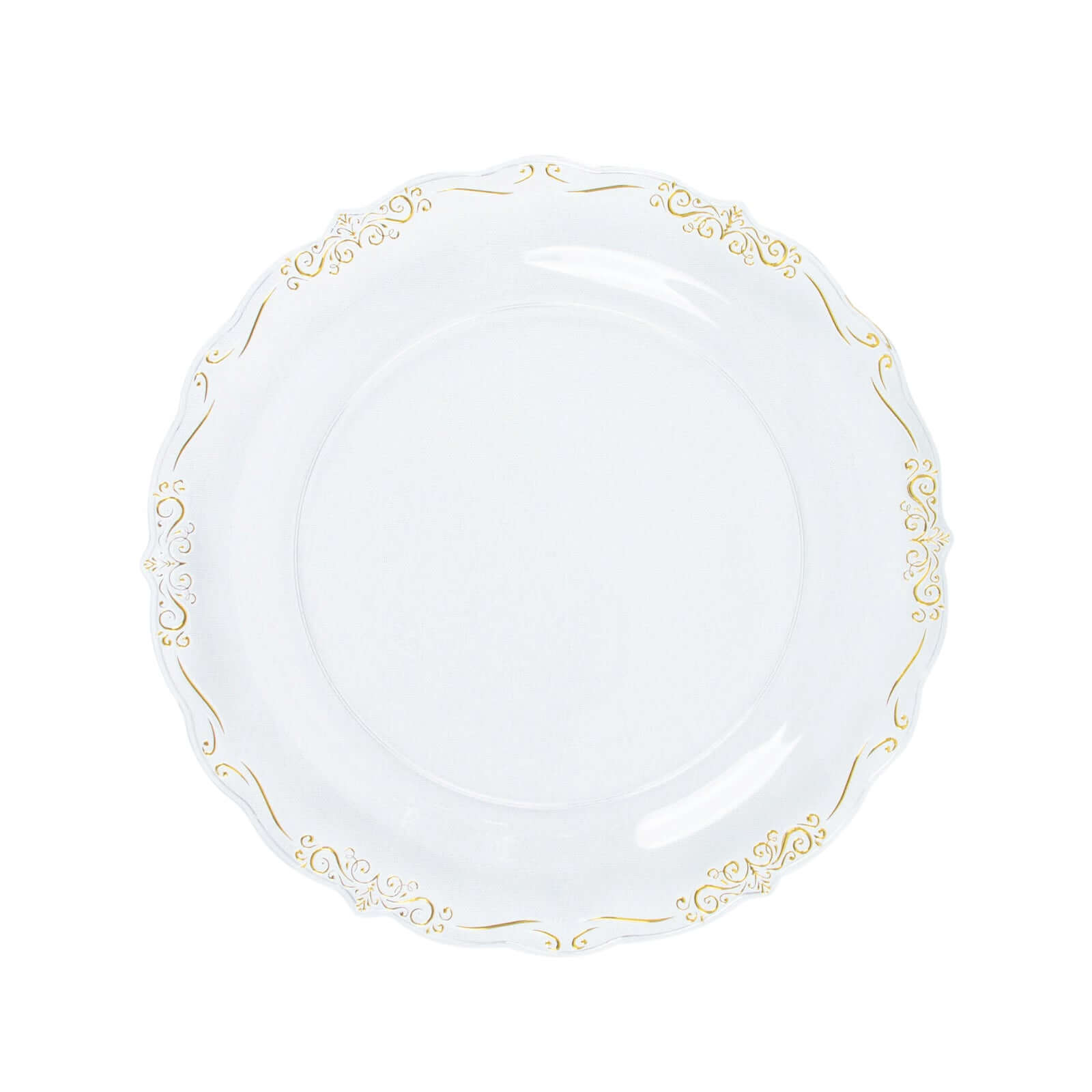 10-Pack Plastic 7" Round Dessert Plates in Clear with Gold Vintage Embossed Rim - Sturdy Disposable Scalloped Edge Salad Plates for Sophisticated Events & Celebrations