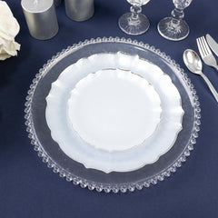 10-Pack Plastic 7" Round Dessert Appetizer Plates in Pearl White Sunflower with Silver Scalloped Rim - Disposable Salad Plates for Classy Events & Banquets