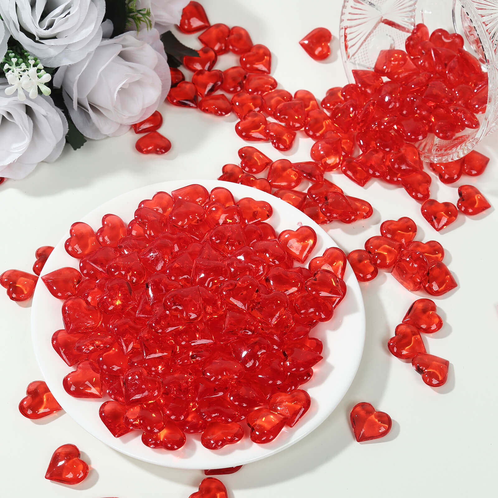 250 Pcs Acrylic Heart Diamond Gems Red Vase Fillers - Romantic Translucent Table Scatters for Valentine's Day & Events