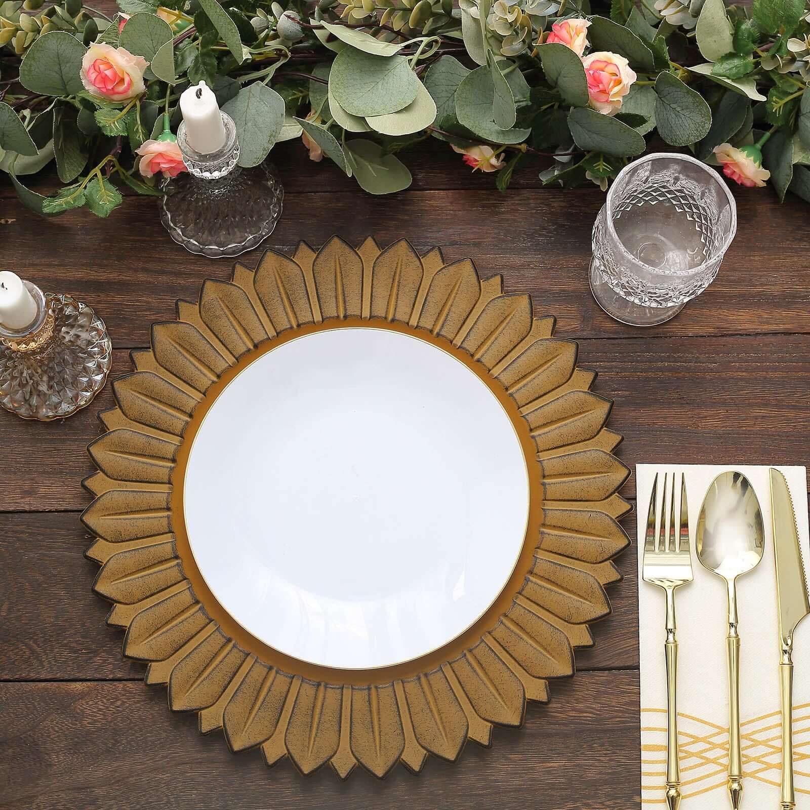 6-Pack Plastic Round Charger Plates 13" in Mustard Yellow with Sunflower Rim, Matte Finish Disposable Dinner Charger Tableware