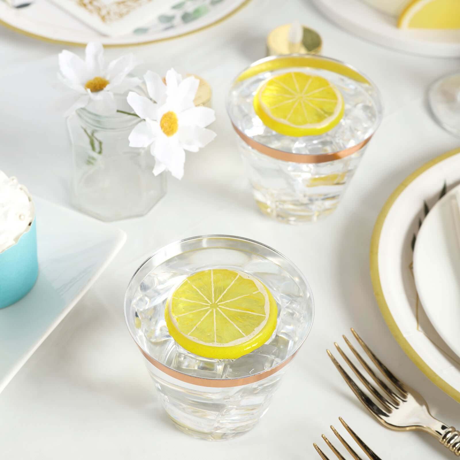 12-Pack Plastic Party Squat Cups Clear with Rose Gold Rim - Stylish Disposable Tumblers for Banquets & Special Occasions 10oz