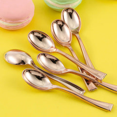 24-Pack Plastic Mini Dessert Spoons Rose Gold - Heavy Duty Disposable Silverware 4"