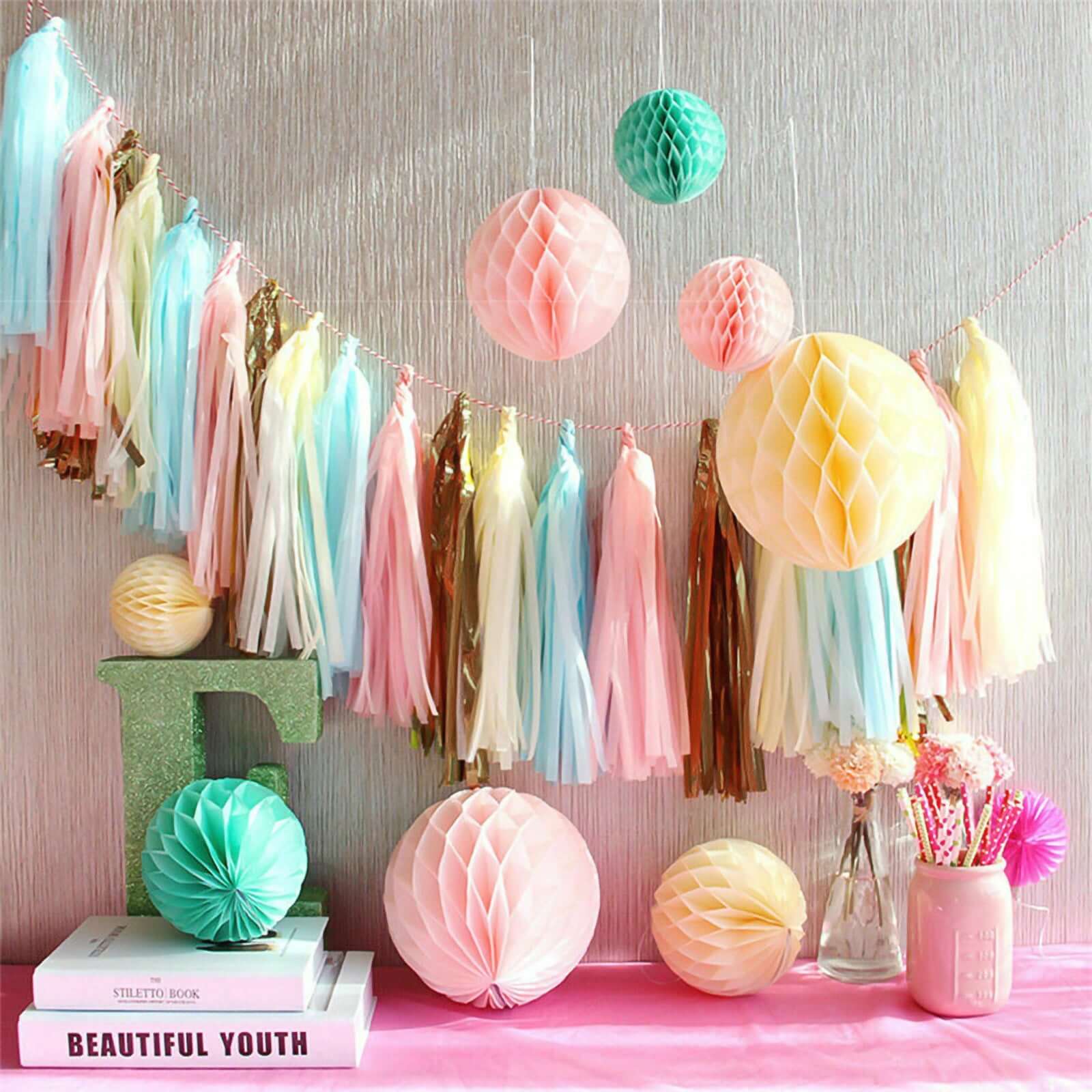 12 Pack Pre-Tied Turquoise Tissue Paper Tassel Garland With String, Hanging Fringe Party Streamer Backdrop Decor