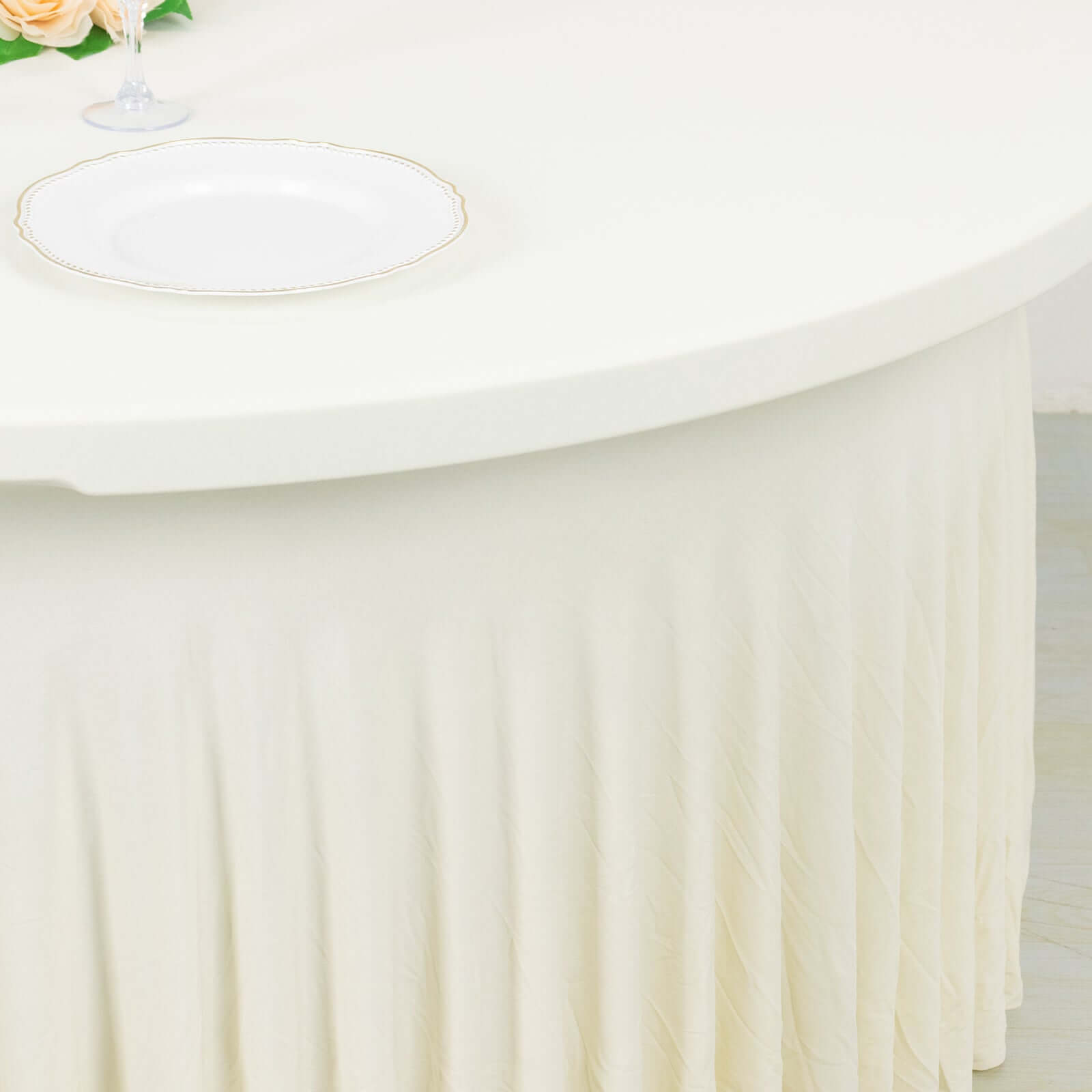 Spandex Round 6ft Table Skirt Ivory with Wavy Skirt-Like Effect Stylish Table Cover