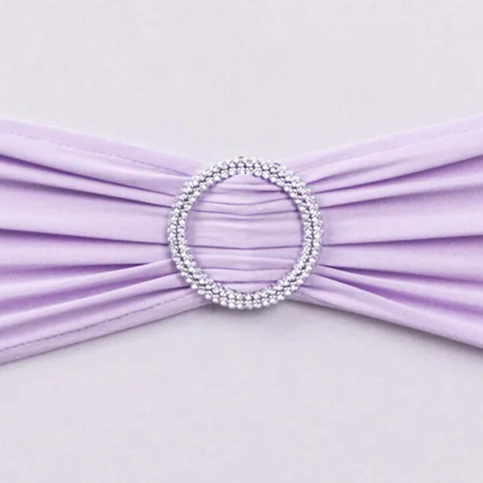 5 Pack Stretch Spandex Chair Sashes Lavender Lilac - Reusable Chair Bands with Silver Diamond Ring Slide Buckle 5"x14"