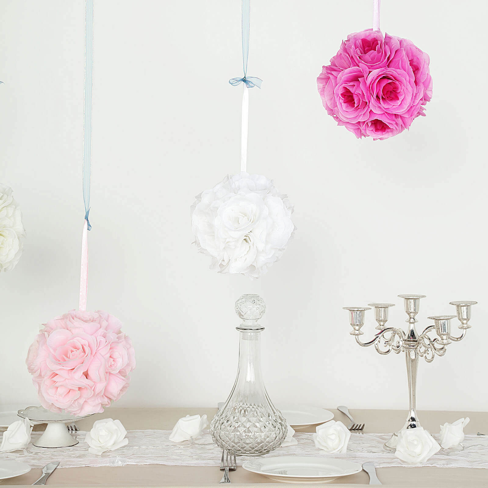 2 Pack 7" Blush Artificial Silk Rose Kissing Ball, Flower Ball