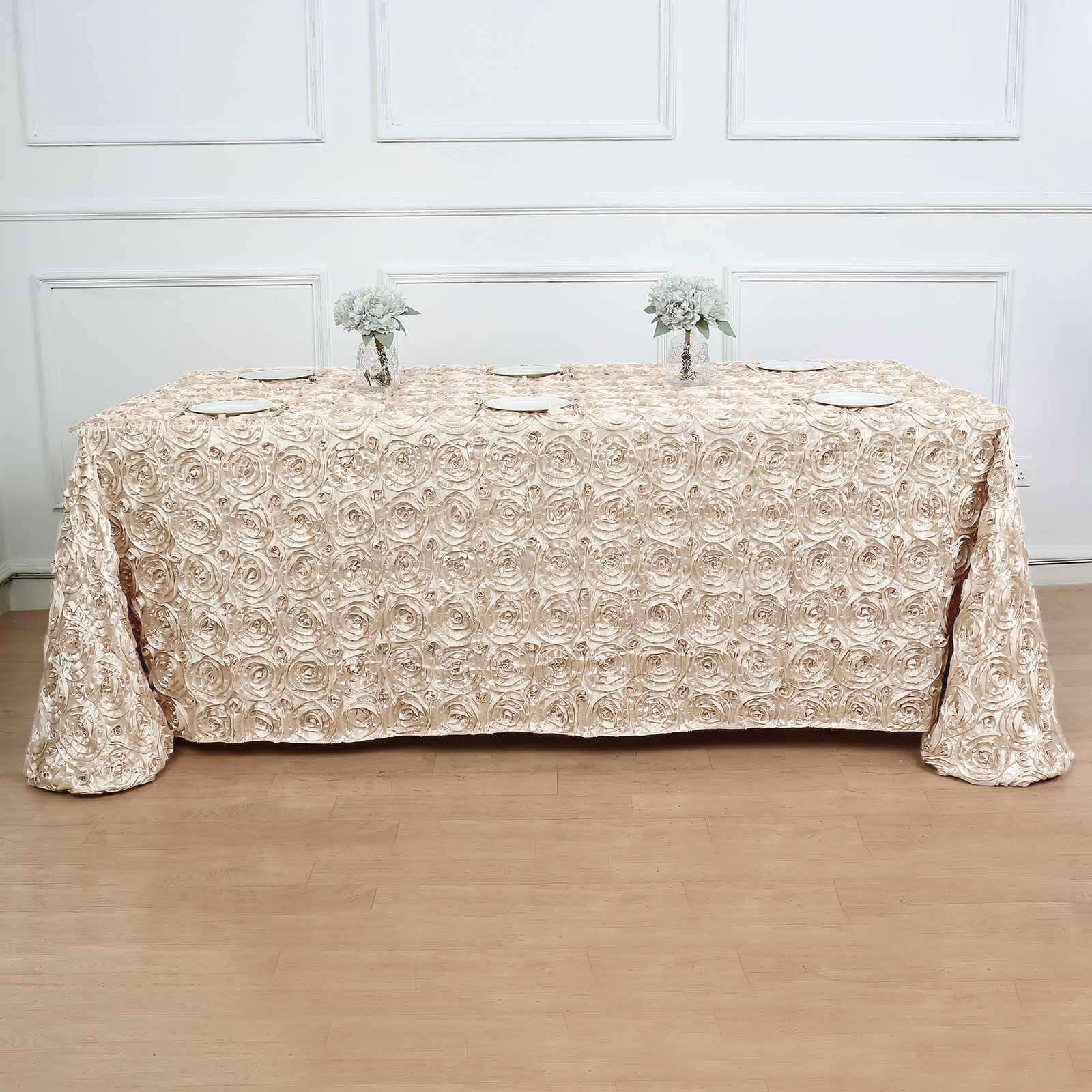Satin 90"x132" Rectangle Tablecloth Beige - Grandiose 3D Rosette Seamless Table Cover