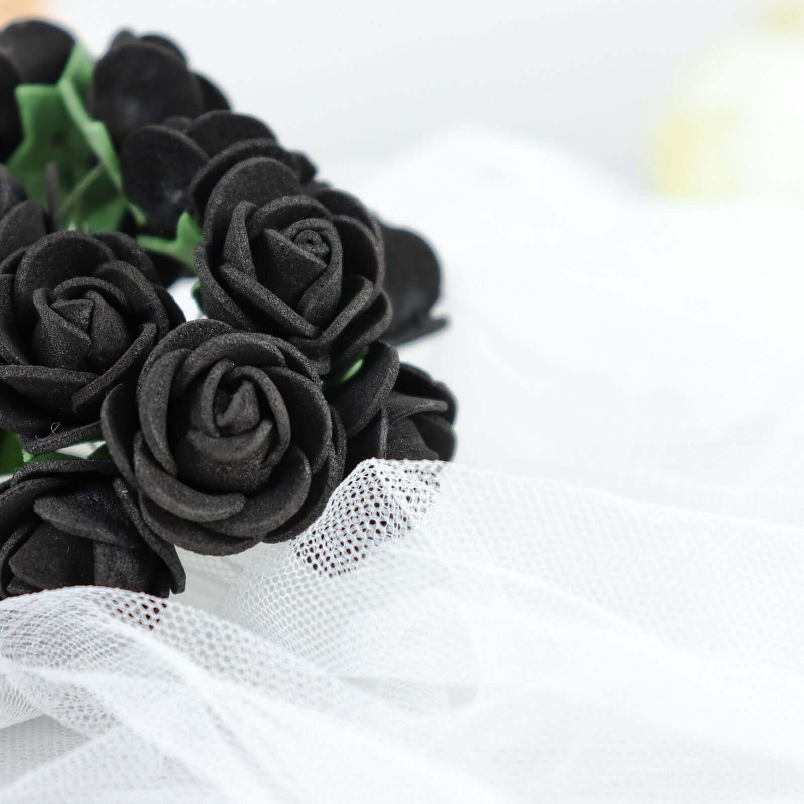 48 Roses 1" Black Real Touch Artificial DIY Foam Rose Flowers With Stem, Craft Rose Buds