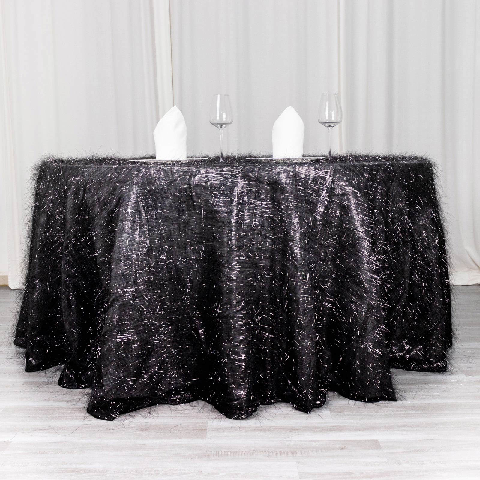 Polyester 120" Round Black Tablecloth Metallic Fringe Shag Tinsel Table Cover