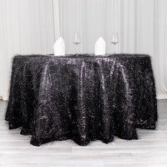 Polyester 120" Round Black Tablecloth Metallic Fringe Shag Tinsel Table Cover