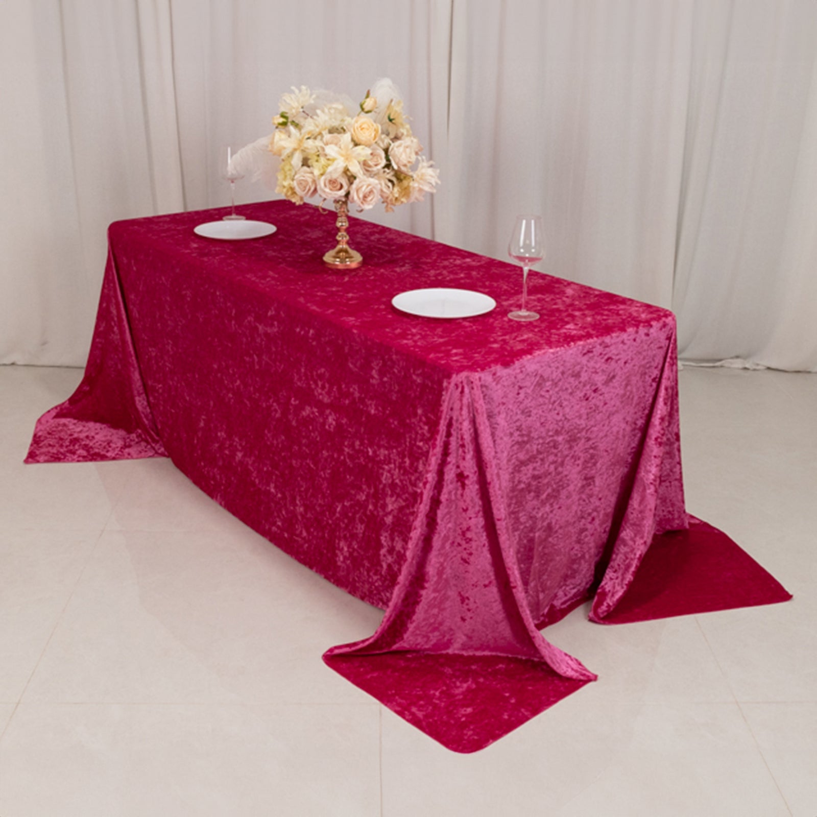 Premium Crushed Velvet 90"x132" Rectangle Tablecloth Fuchsia - Reusable Soft & Seamless Table Cover