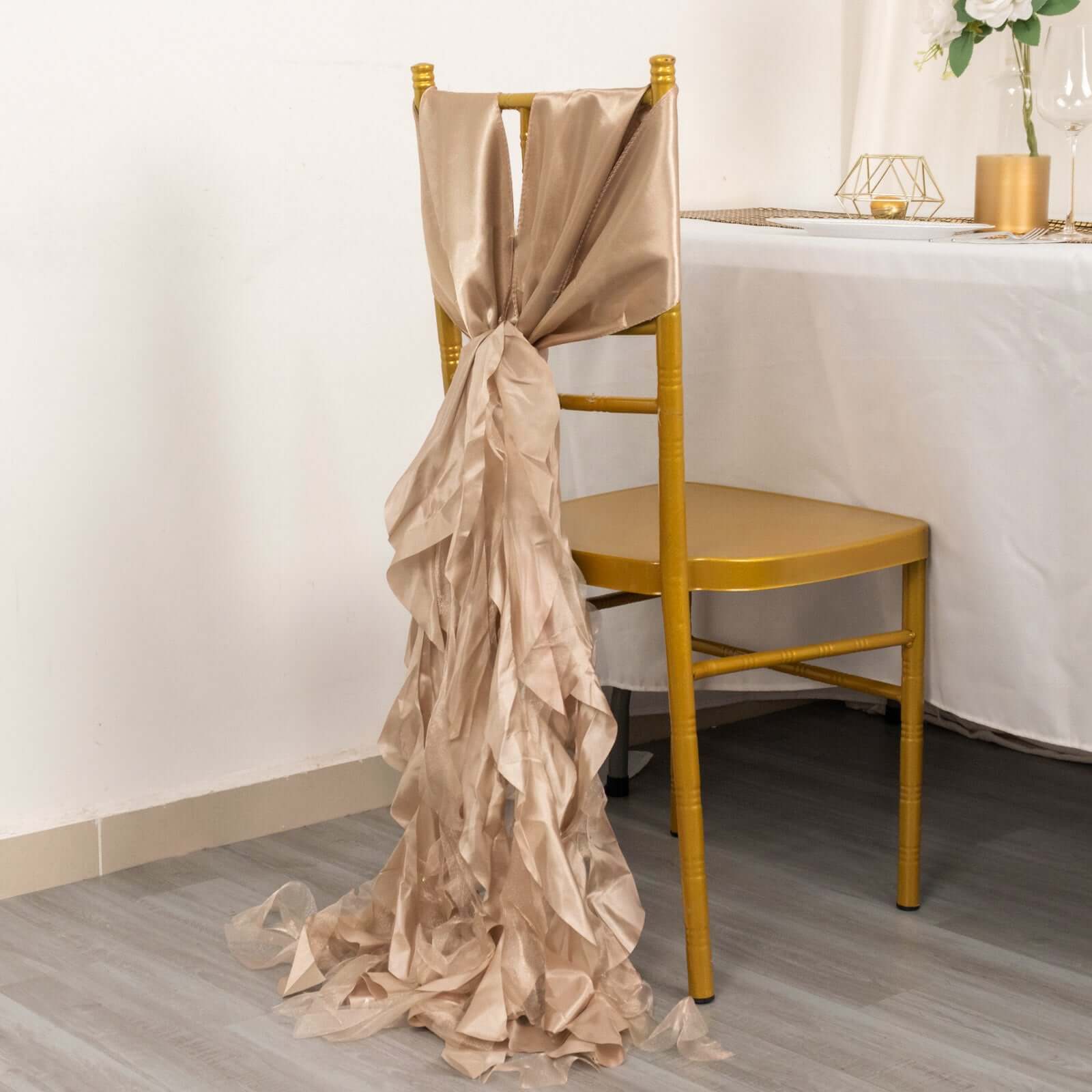 5 Pack Chiffon Satin Chair Sashes Nude - Easy to Install Ruffled Curly Willow