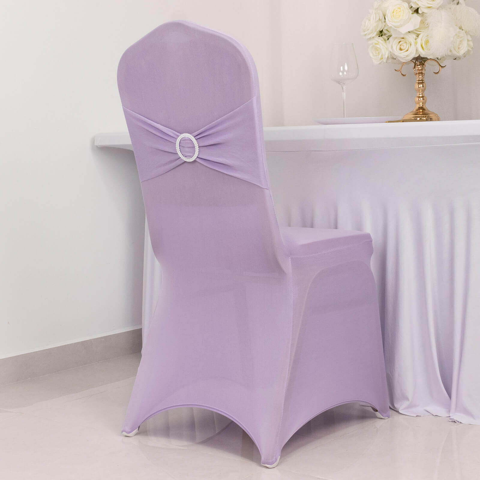 Spandex Chair Cover with Silver Rhinestone Buckled Sash Band Lavender Lilac - Stretch Fitted Slipcover