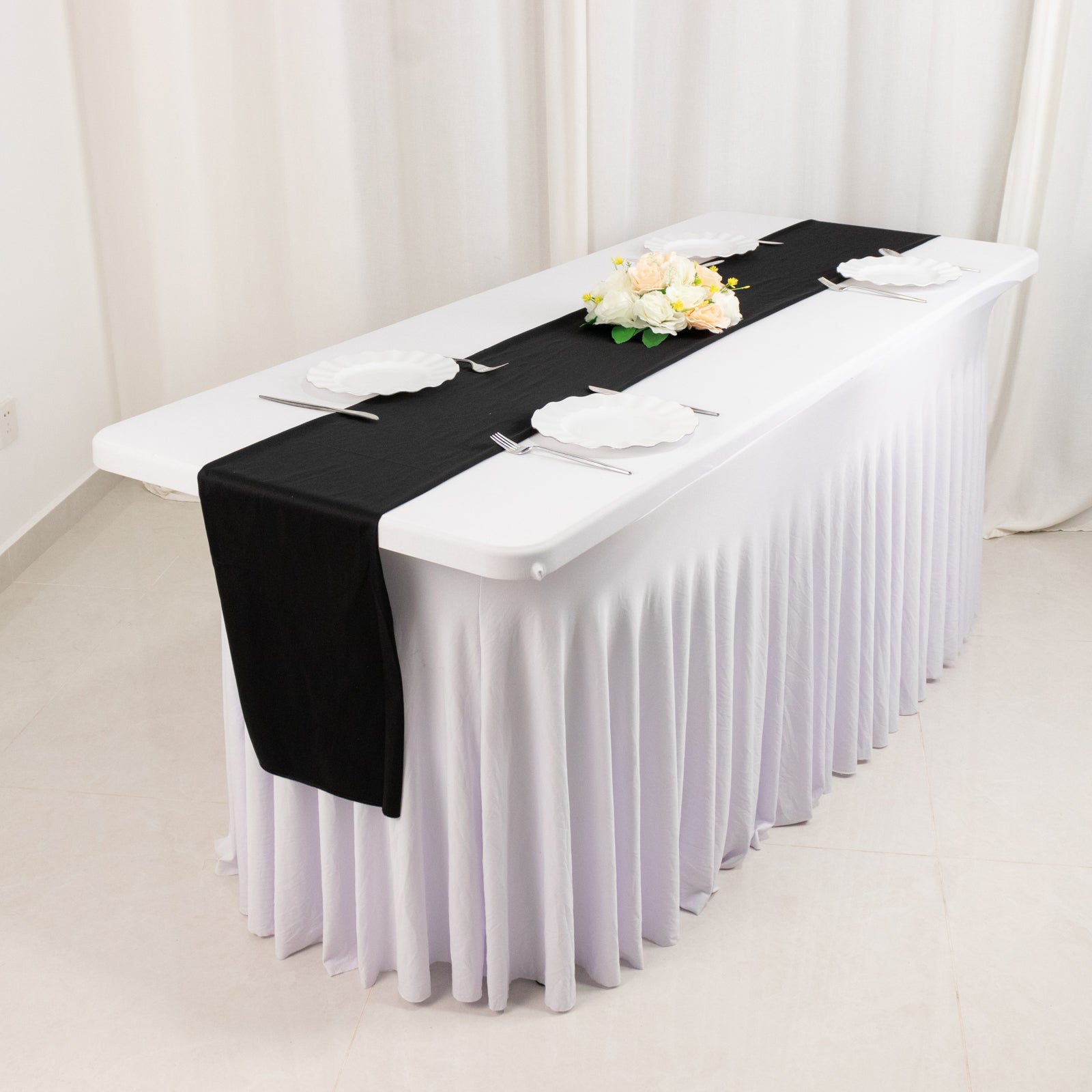 Scuba Polyester 12"x108" Table Runner Black - Wrinkle-Free Table Linen for Events & Weddings