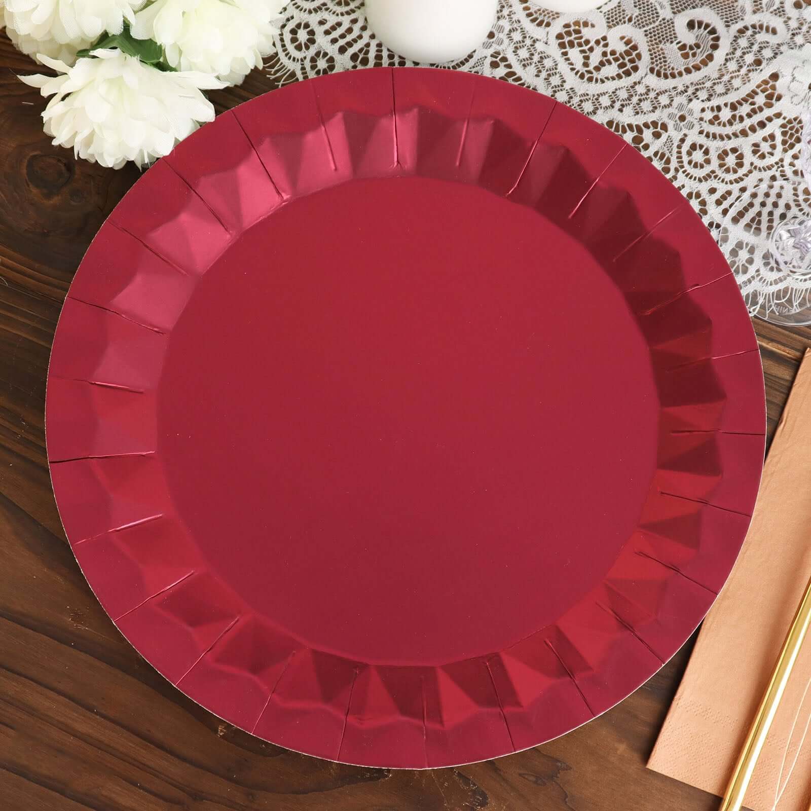 25-Pack Paper 12" Round Charger Plates in Burgundy with Geometric Prism Design - Disposable 400GSM Serving Trays
