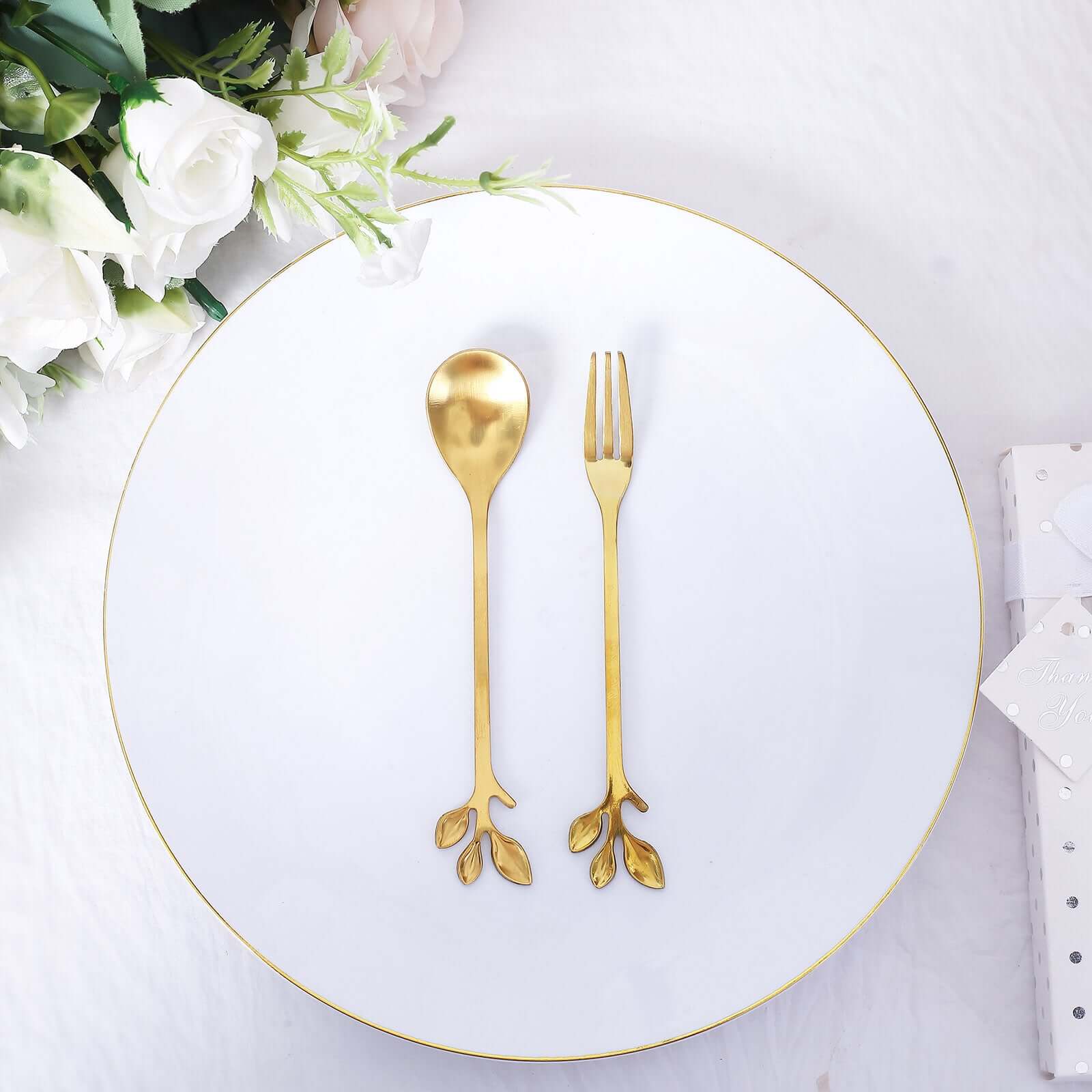 Gold Metal Spoon & Fork Pre-Packed Wedding Party Favors Set With Leaf Shaped Handle, Bridal Shower Souvenir Gift Box - 5"