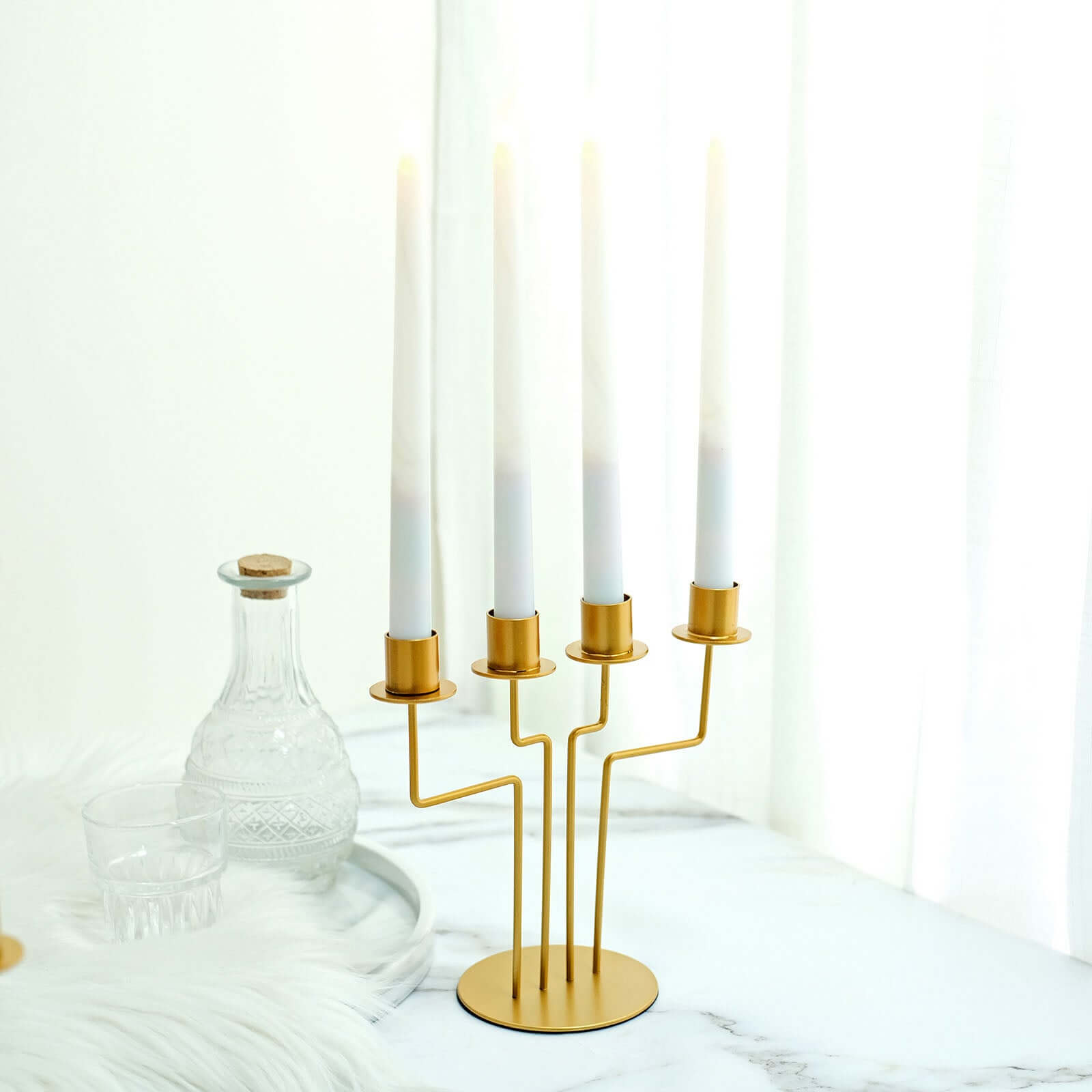 2-Pack Geometric Taper Candelabra 4 Arm Design Gold Metal Decorative Centerpiece - Perfect for Events 8"
