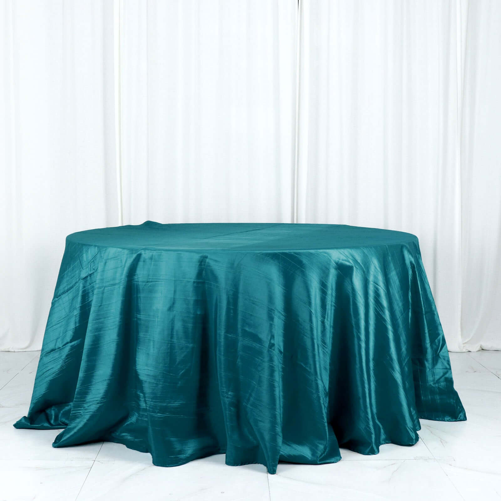 Taffeta 132" Round Tablecloth Peacock Teal - Seamless Accordion Crinkle Table Cover