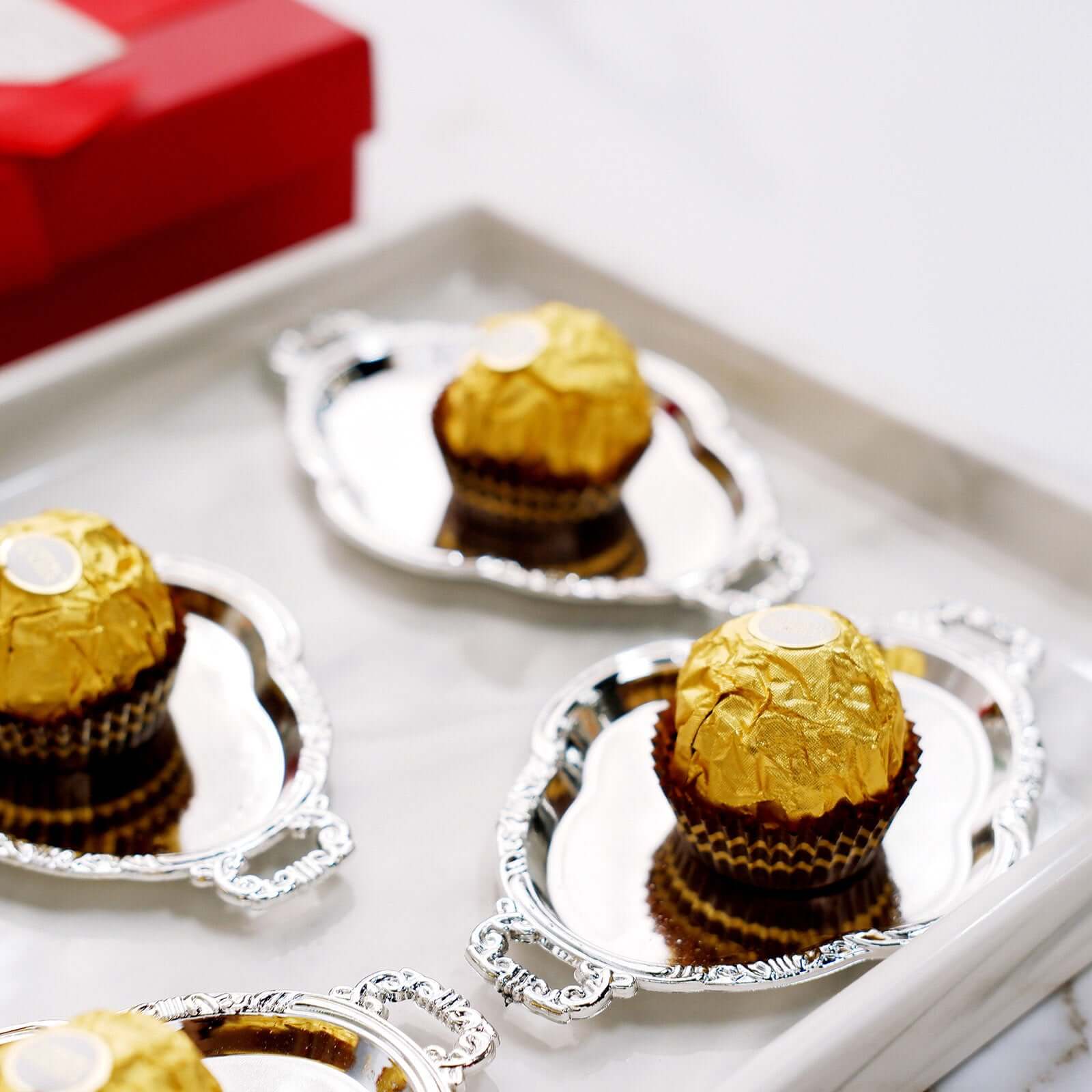 12-Pack Display Trays Party Favor Baroque Oval Design Silver - Mini Serving Platters for Sweets and Desserts 4.5"